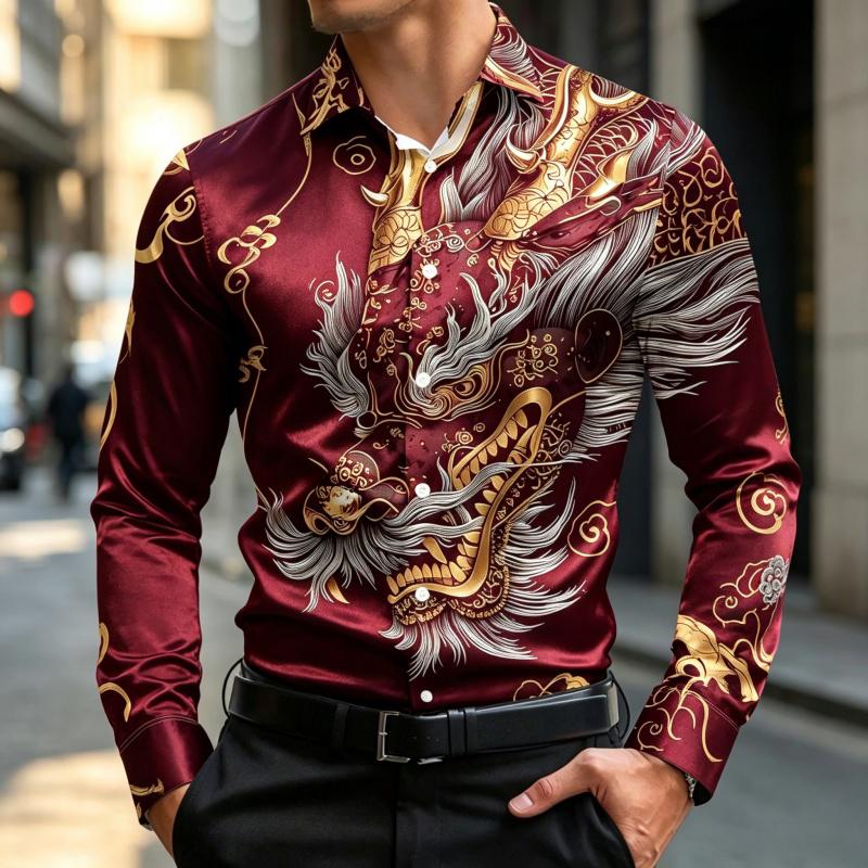 New Men's Long Sleeve Shirt Traditional Art 3D Printing Business Office Nightclub Wedding Casual Single breasted Men's Top