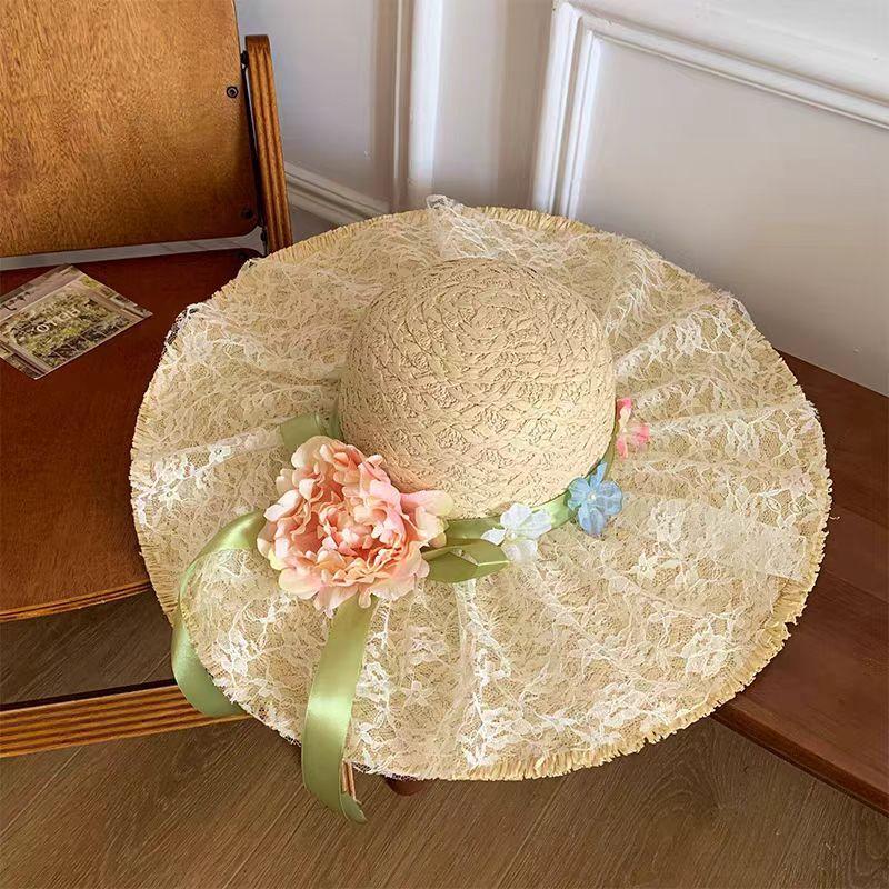 Lace Bow Straw Hat Women's Summer French Large Brim Sunscreen Hat Seaside Beach Vacation Sun Hat