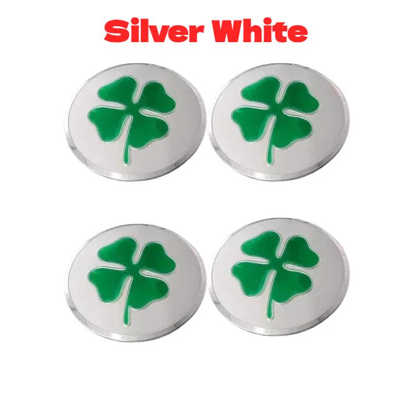 4PCS 56mm Lucky Four Leaf Clover Logo Alloy Car Wheel Hub Center Stickers Accessories Silver White