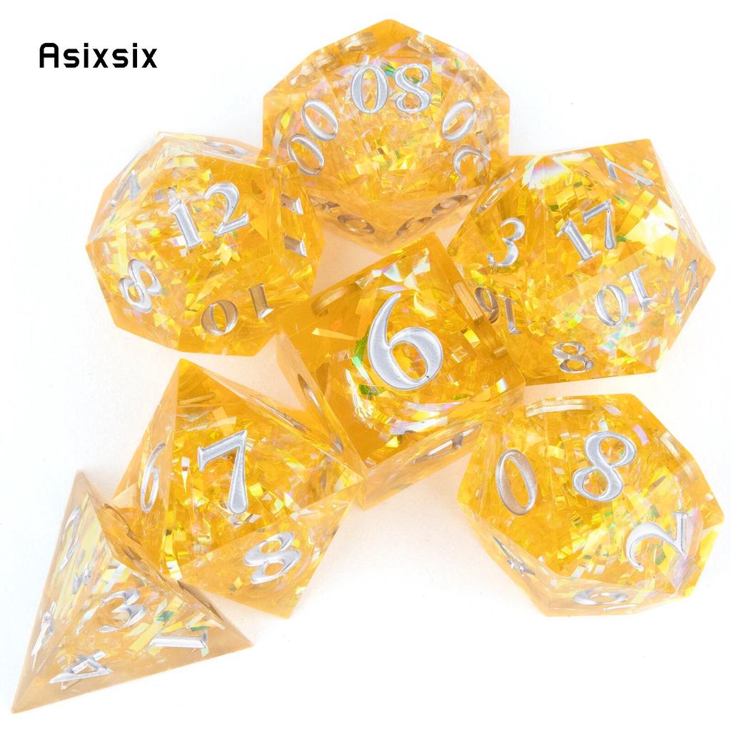 7 Stück gelbe Harz-weiße Zahlenwürfel mit scharfen Kanten, polyedrische Würfel, geeignet für Rollenspiele, RPG-Brettspiele