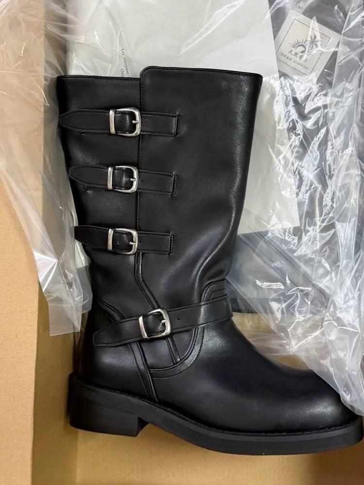 

Cowhide version~ Korean belt buckle medium and high knight boots women s 2025 new autumn and winter thick heel boots women s boots 40 чёрный
