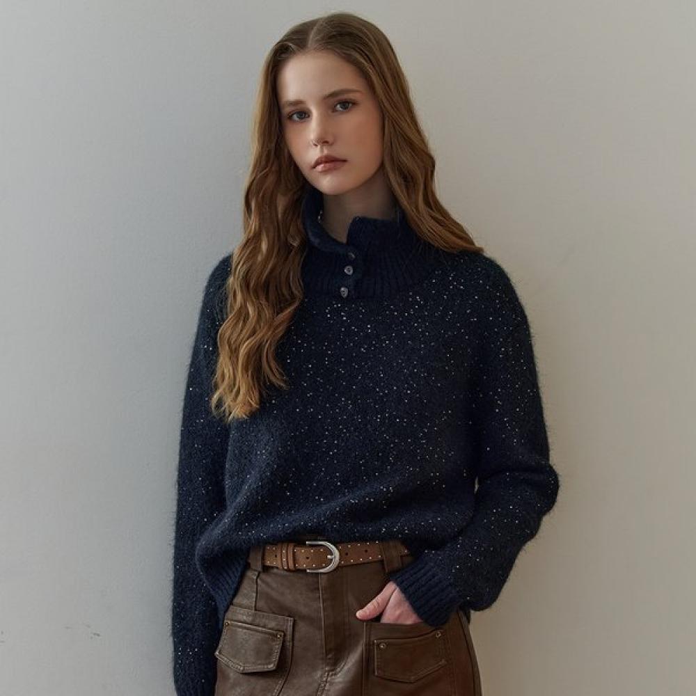 Maxza Sequin Mix Button High Neck Knit