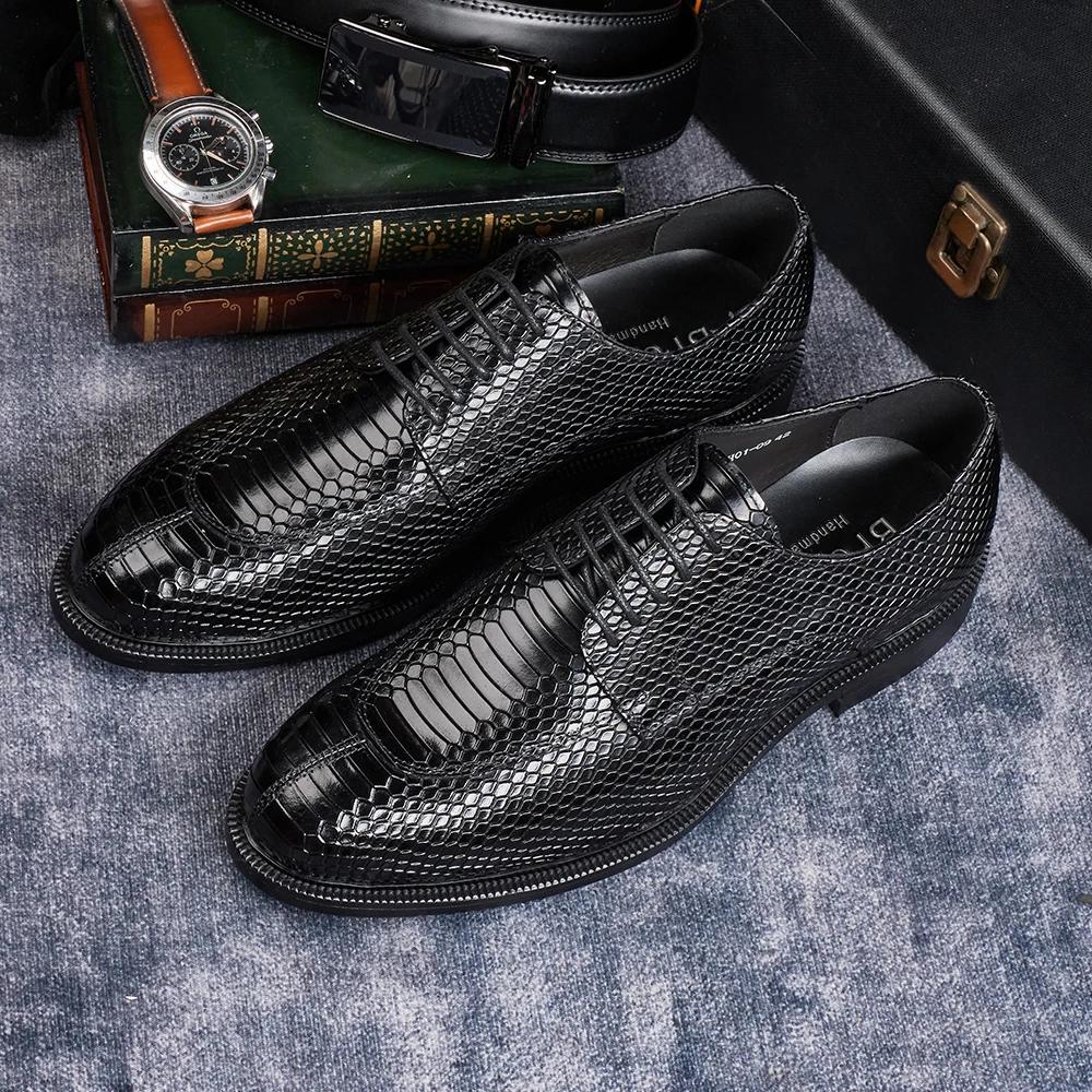 Men's British Style Genuine Leather Python Pattern Wedding Shoes Business Formal Dress Shoes