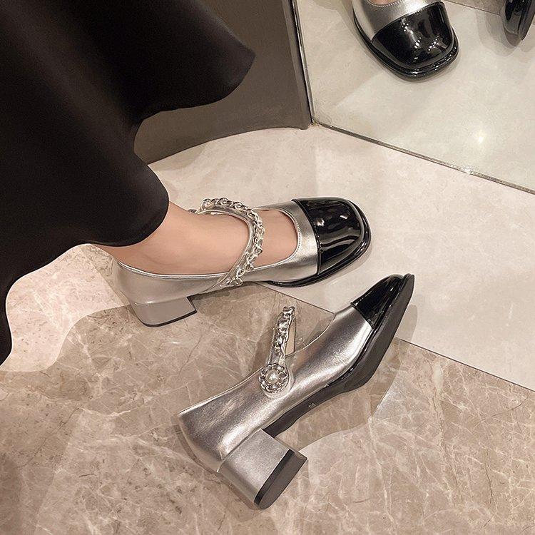 One-word Silver Single Shoes Women's 2025 New Summer New High-heeled Flat-bottomed French Mary Jane Single Shoes Women's Small Leather Shoes