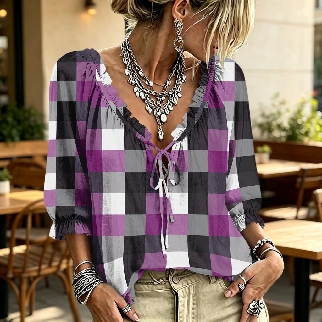 Women's Plaid Print V-Neck Blouse with Ruffle Trim, Tie Front and for Casual Wear