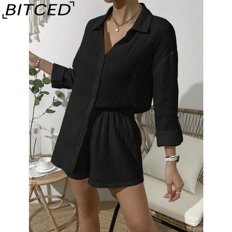 BITCED Mode Printemps et Été pour Femmes Costume de Chemise à Manches Longues Couleur Unie Ensemble Deux Pièces Short Ample Décontracté pour Femmes