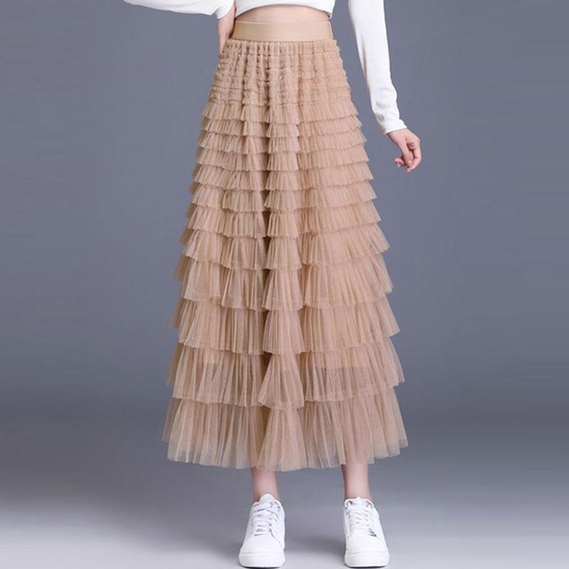 Elastic Waist Mesh Long Skirts for Women Elegant Vintage High Waist Ball Gown Gauze Cake Skirt Female Clothes