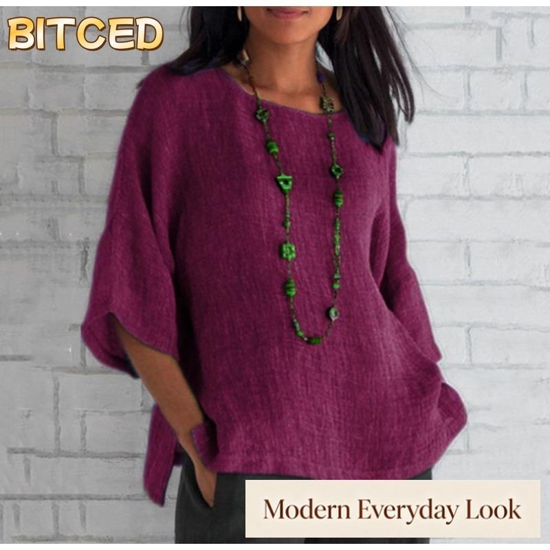 BITCED Women's Fashion Casual Solid Color Print Long Sleeve O-Neck Blouses & Shirts