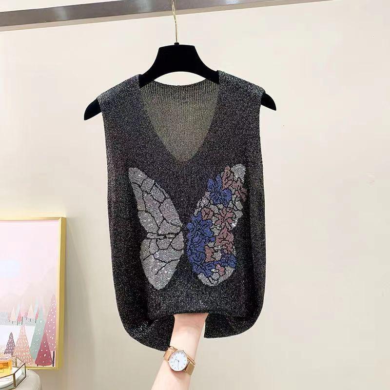 2023 Shiny Silk Sleeveless V-Neck Women's Vest - Spring/Summer New Style, Loose Fit with Hot Diamond Sling Knitted Design