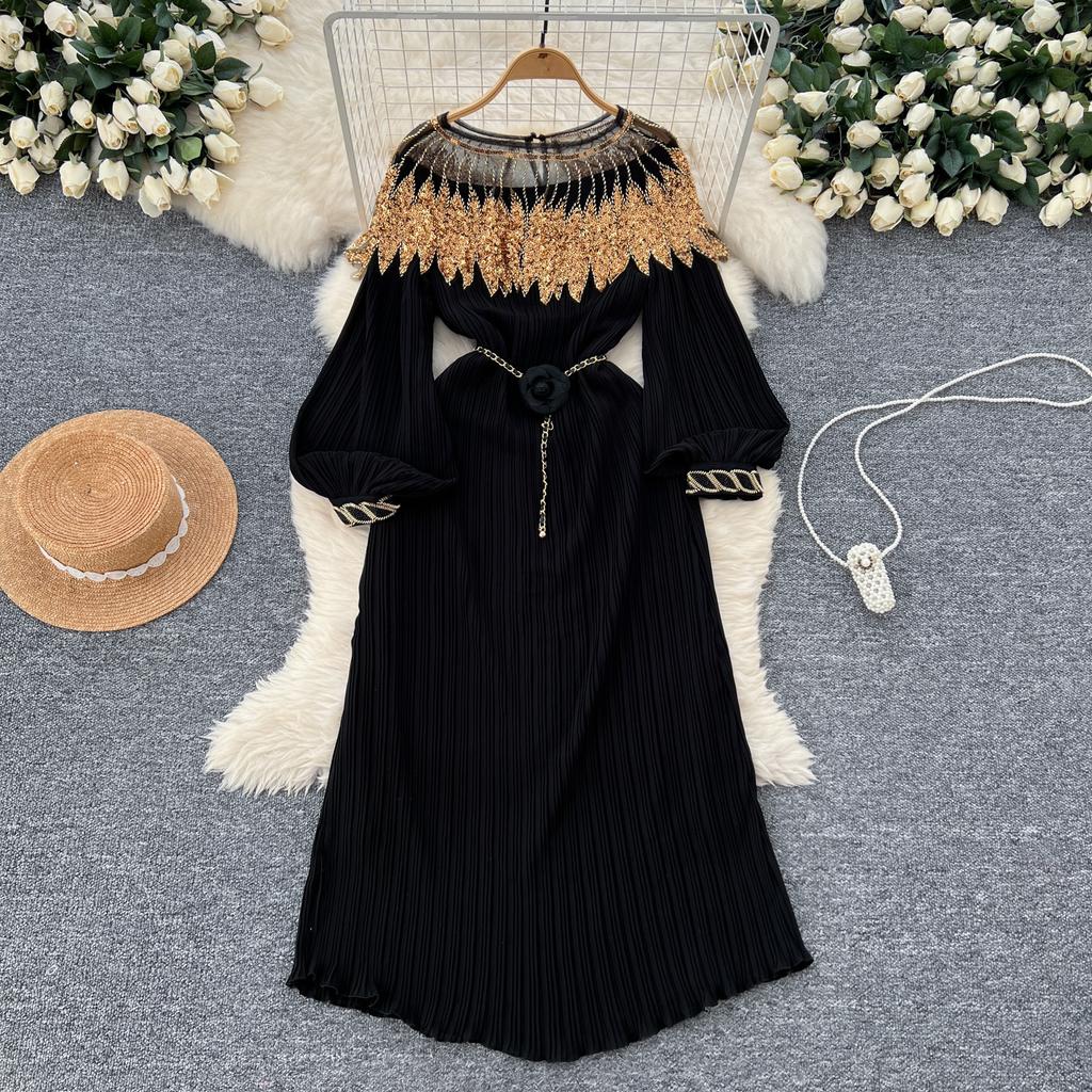 Vintage Court Style Autumn Heavy Industry Sequined Embroidered Long Pleated Bubble Sleeve Dress Women's Pleated Skirt