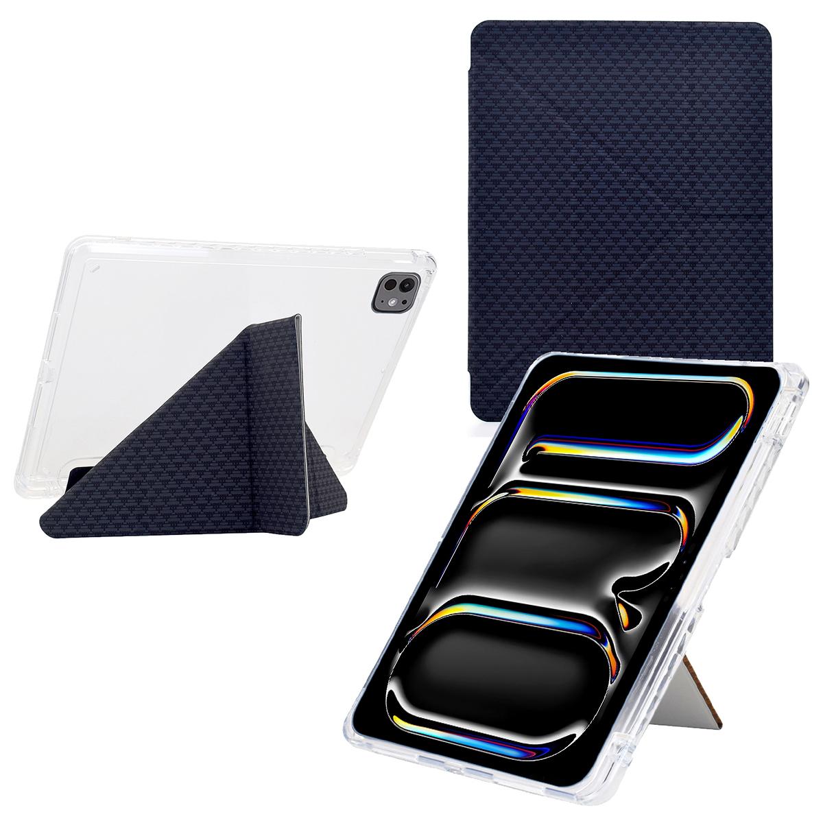 

For iPad Pro 13 (2024) Case Y-Fold Stand Pyramid-Patterned Leather+Clear Acrylic Tablet Cover with Pencil Holder Black