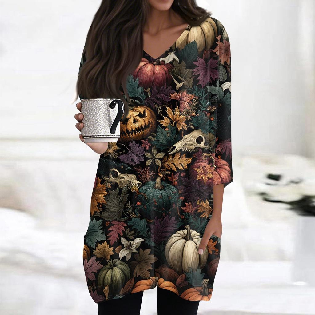 Womens's Fashion Casual Halloween Print V-neck Mid Length Pocket 3/4 Sleeve Top