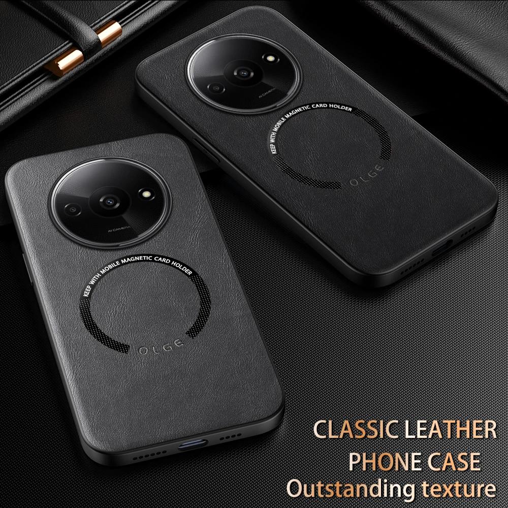 For Redmi A3 A3X Fine Hole PU Cow Pattern Leather Outer Magnetic Ring Soft Edge Anti-Drop Anti-Fingerprint Phone Case