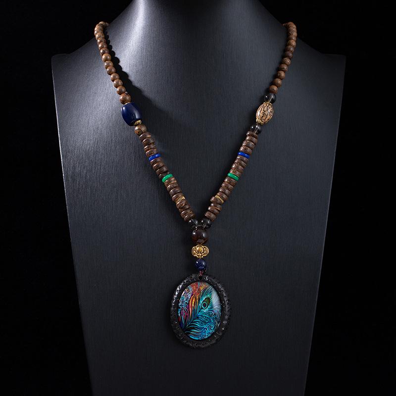 Ethnic Retro Vajra Bodhi Pendant Necklace with Wooden Beads
