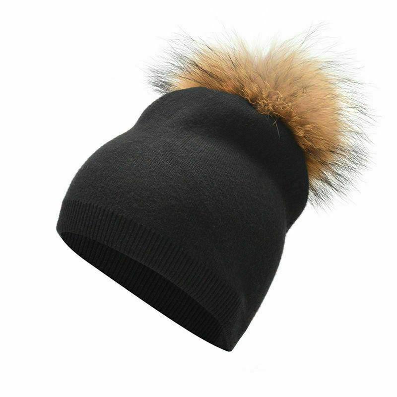 Women Winter Warm Cashmere Wool Knitted Real Fur Pom Pom Ball Beanie Hat