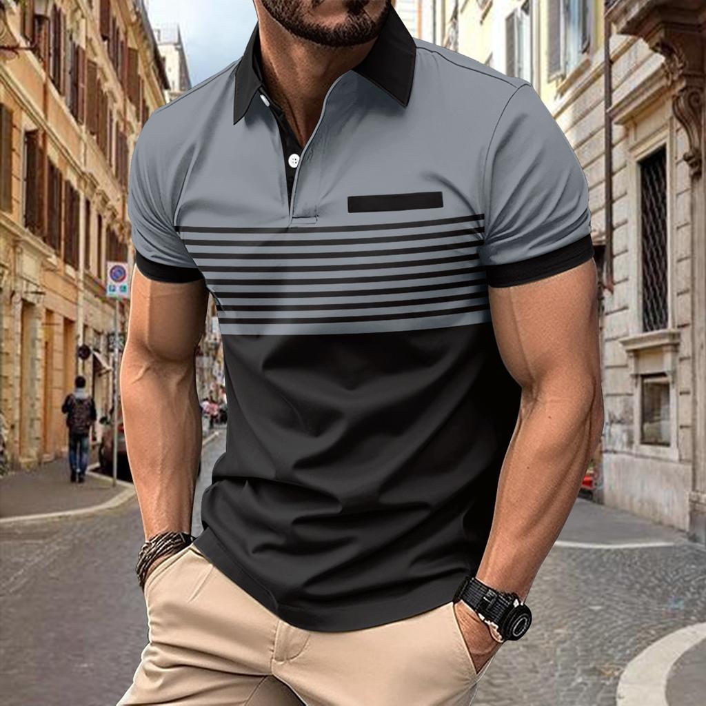 Print Stripe Polo Shirt Men Slim Fit Business Casual Turn-down Collar Polo Shirt Tops