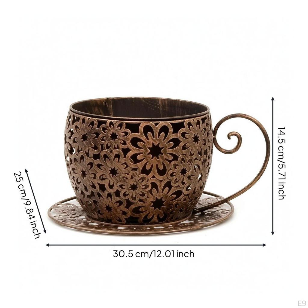 Metal Planter with Saucer Wrought Iron Look Decorative Flower Pot Vintage Style for Gardeners,