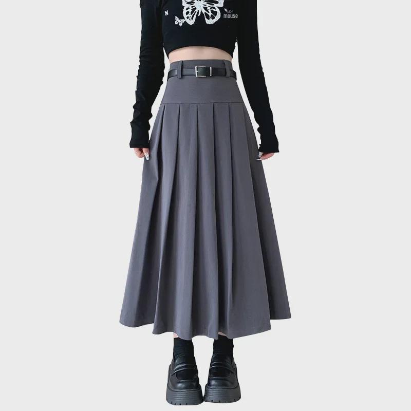 Autumn Women's Belted A-Line Pleated Skirt - New Slim Fit, Hip-Covering, Draped Style