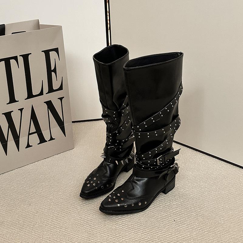 Fashion Pleated Buckle Western Boots Fashion Shoes for Women Pointed Toe Thick Middle Heel Rivet Punk Style V-Mouth Short/Long Botas
