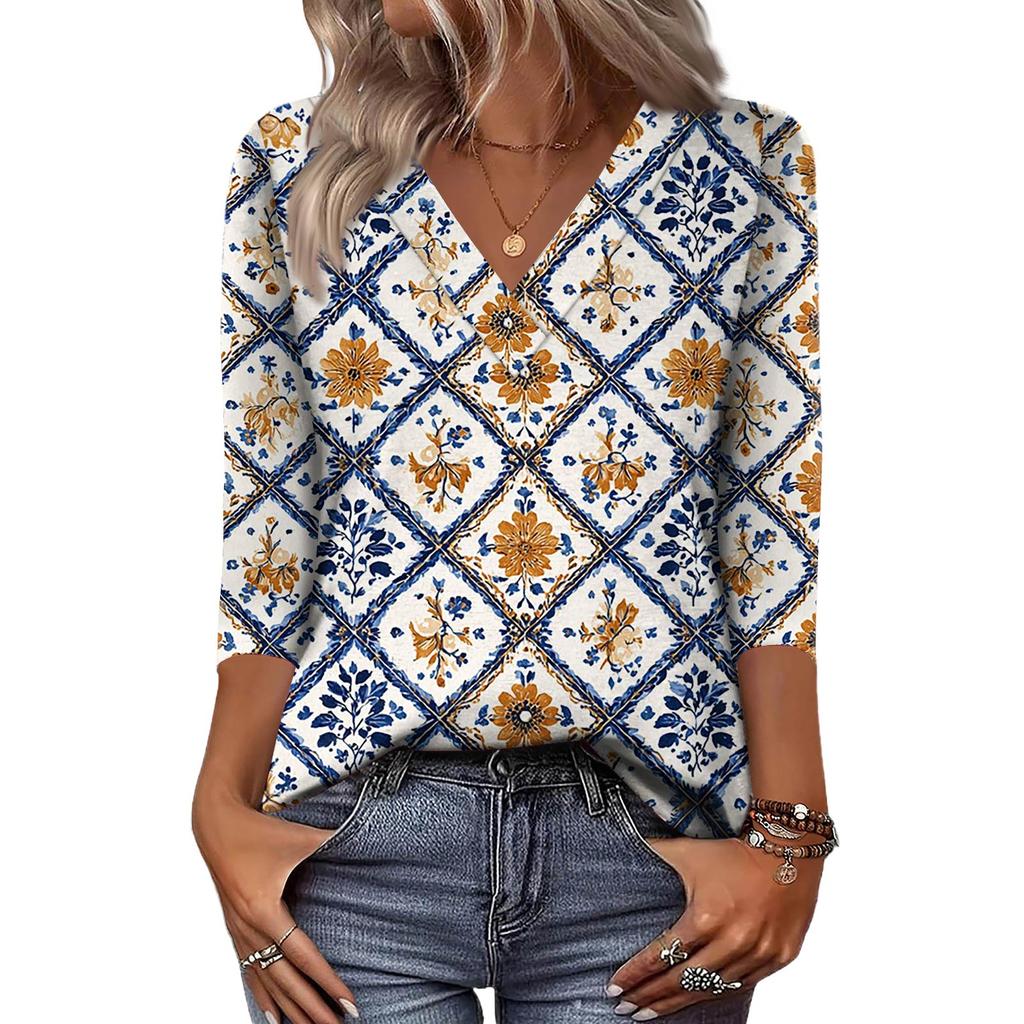 Dámské košile s 3/4 rukávem Topy s výstřihem do V Topy pro volný čas Základní trička Halenka Volné topy