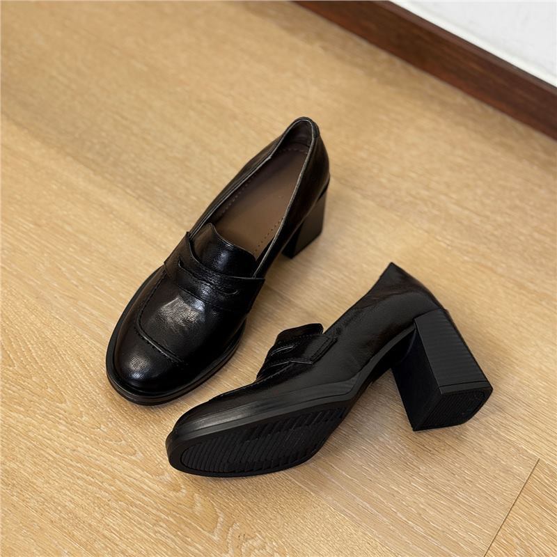 High intelligence~ silent sole high-heeled loafers women's thick heel British style soft leather commuter small leather shoes