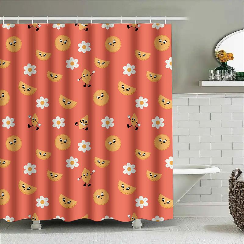 Fruit Pattern Shower Curtain With Cartoon Design For Bathroom Decor Peach Color, Waterproof Fabric Suitable For Kids' Rooms Or K