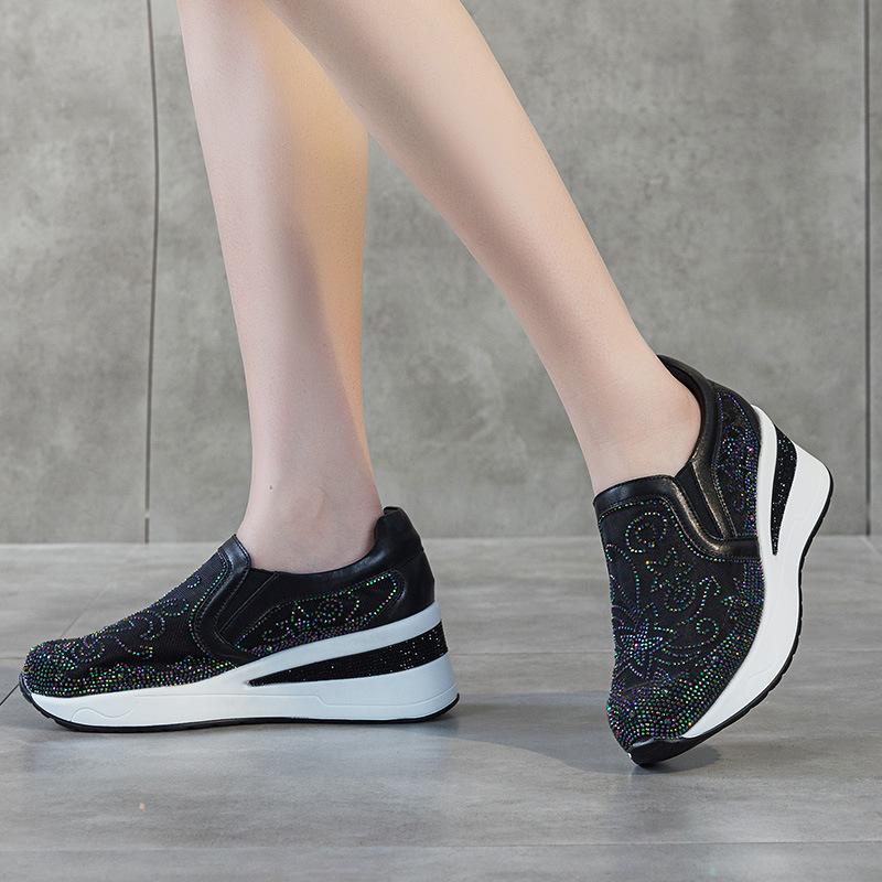 Summer new casual and comfortable versatile loafers thick-soled non-slip mesh breathable rhinestone shoes inner height-increasing women's shoes