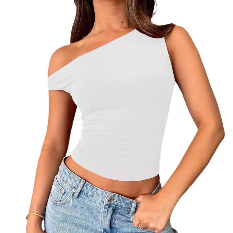 Women one shoulder asymmetrical short sleeve ruched crop top solid black slim casual tee