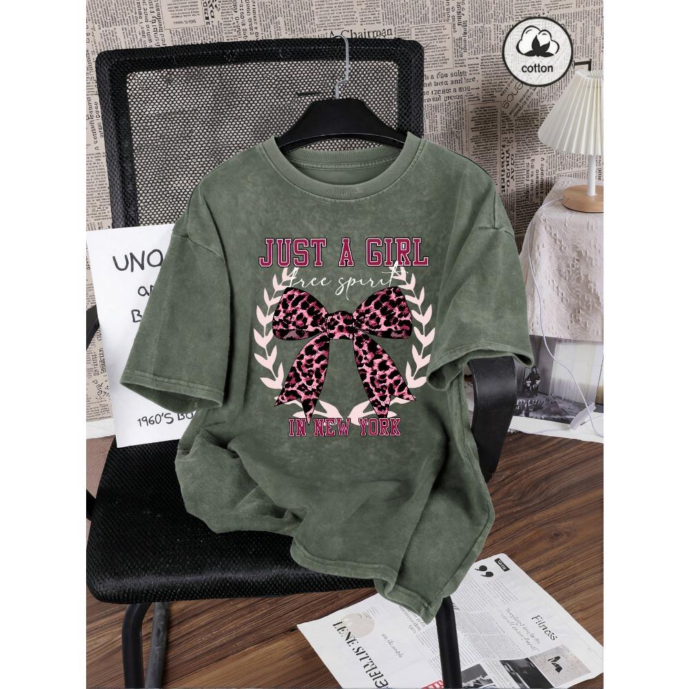 

Just A Girl New York Bow Print Womens Washed T Shirt Cotton T-Shirt Oversize Casual Short Sleeves Crewneck Streetwear S