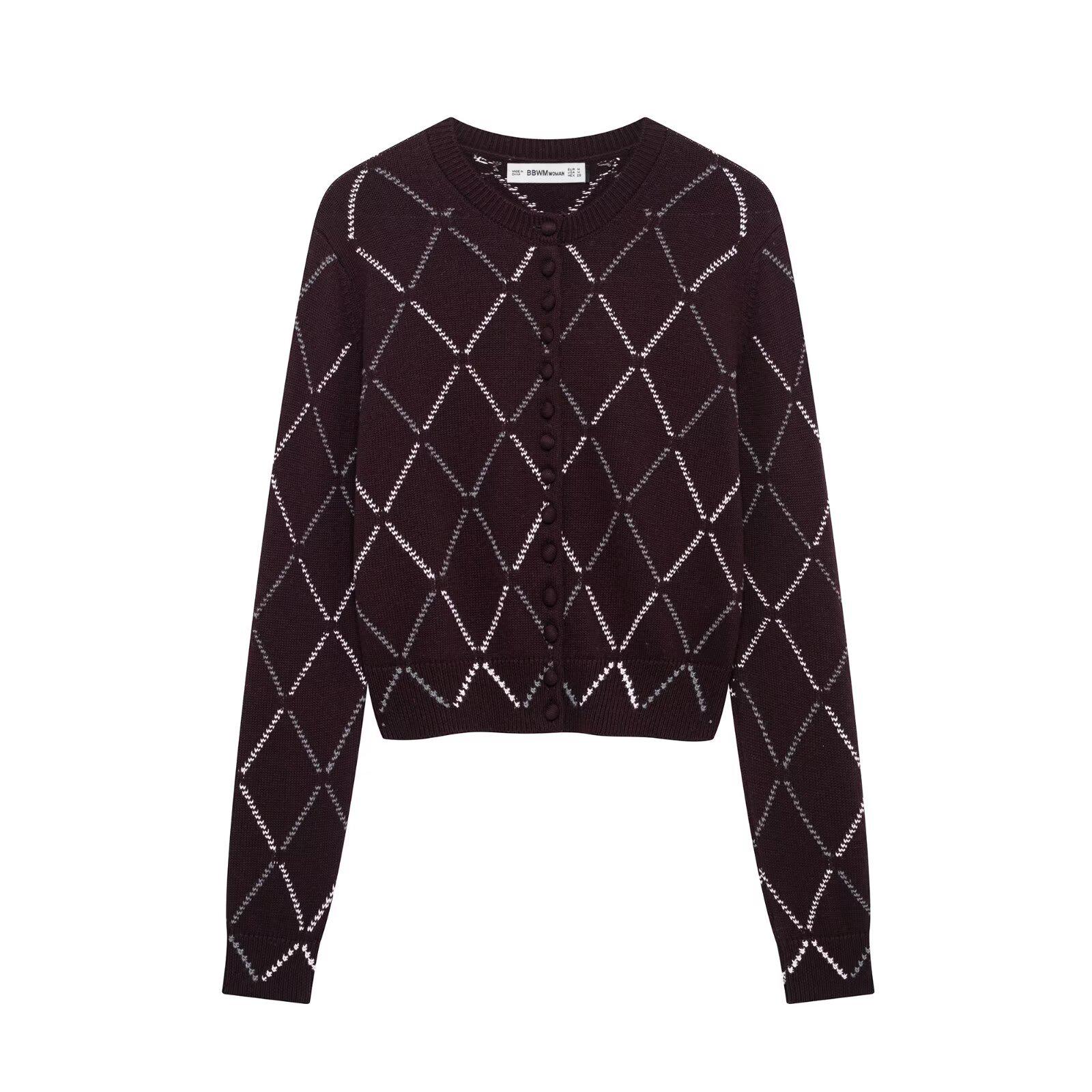 

Женский кардиган из ромбовидной вязки на весну 2025 года - Мода в европейском и американском уличном стиле Large