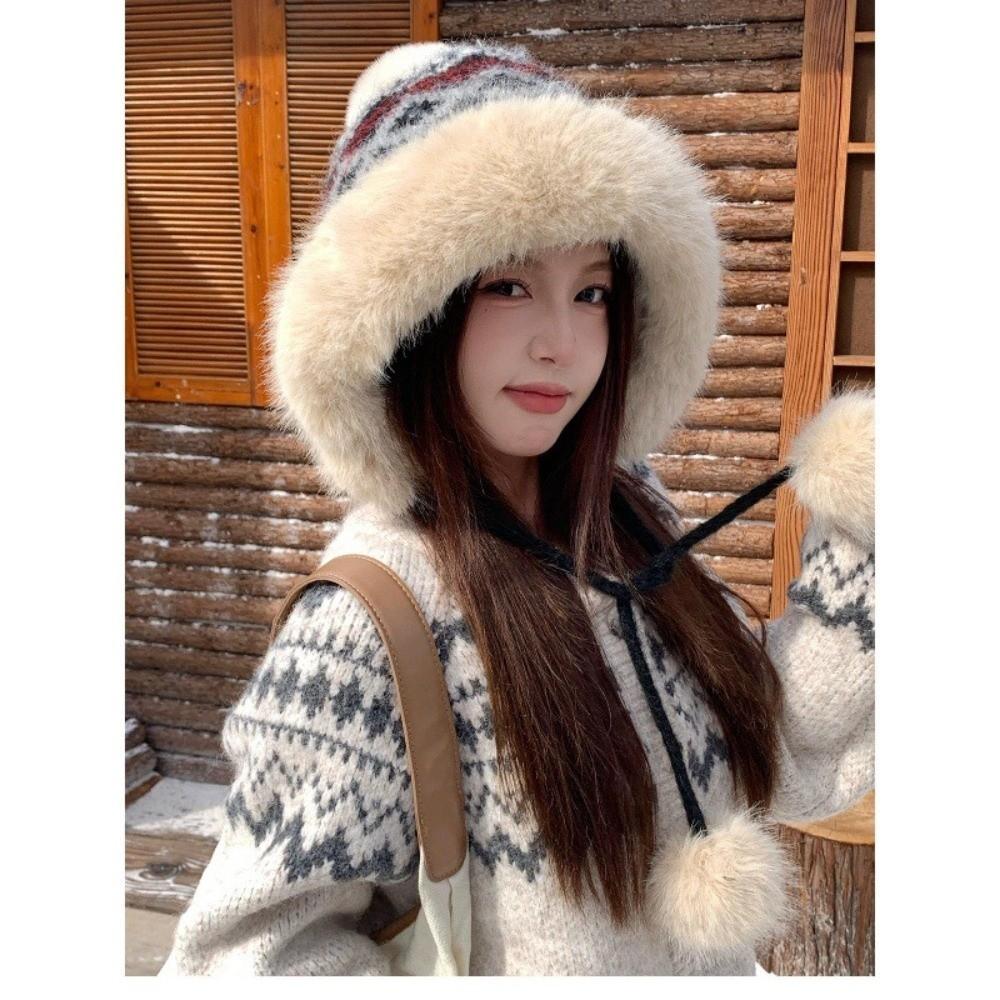 56cm to 58cm Head Circumference Fluffy Knitted Hat Ear Protection Hat Cold Weather
