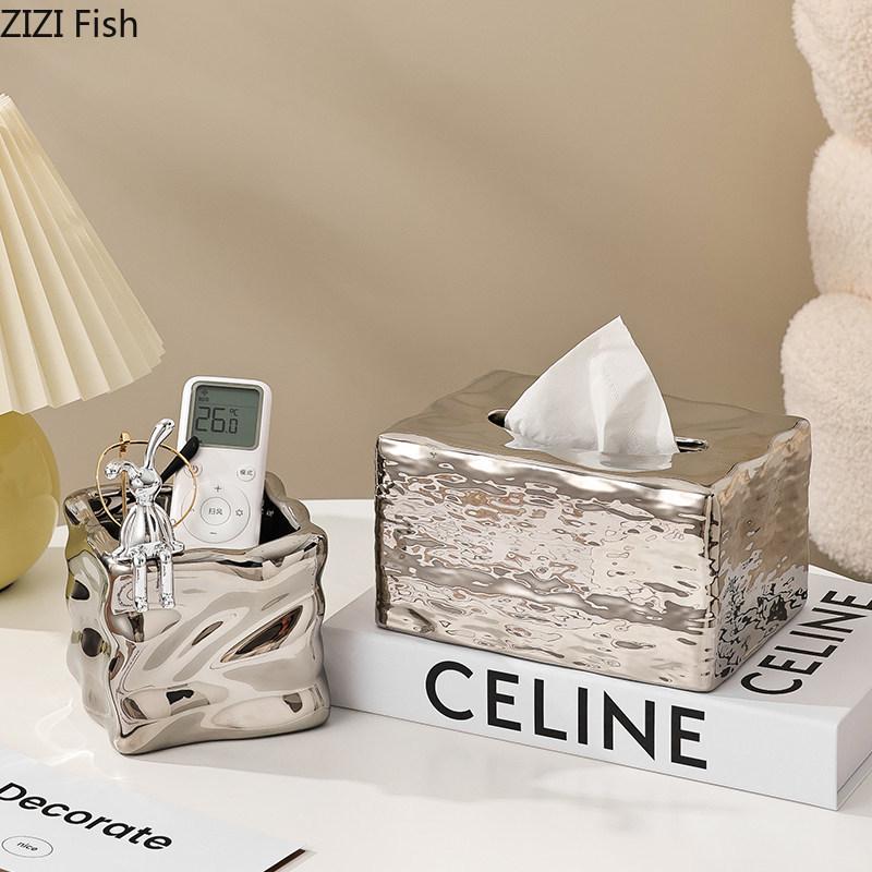 Water Ripple Ceramic Tissue Box Coffee Table Desk Decoration Minimalism Silver-plated Tissue Box Bedside Table Paper Towel Case