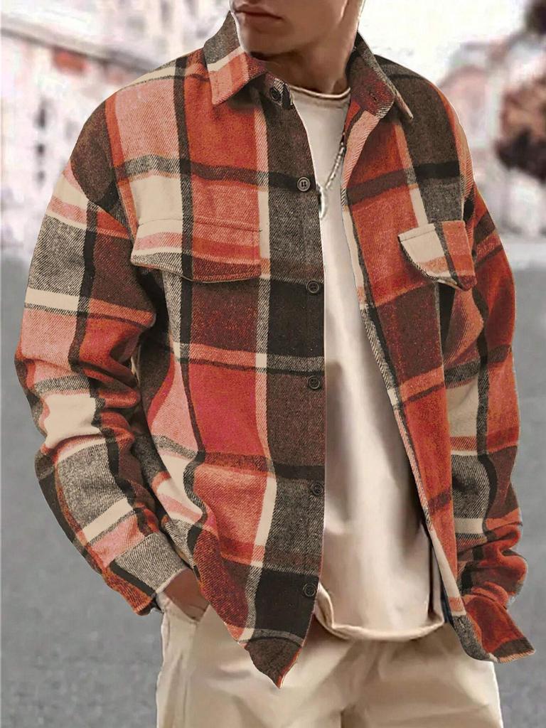 Men's Retro Plaid Brushed Long Sleeve Shirt Jacket with Elegant Lapel