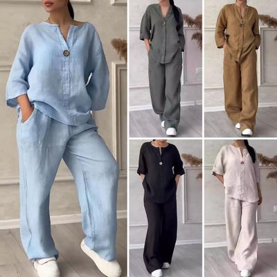 2 Pcs/Set Blouse Pants Set V Neck Long Sleeves Button Decor Top Wide Leg Loose Elastic Waist Trousers OL Commute