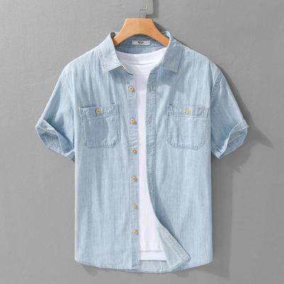 Summer Casual Denim Short Sleeve Shirts Men Clothing Pure Cotton Slim and Thin Soft Streetwear