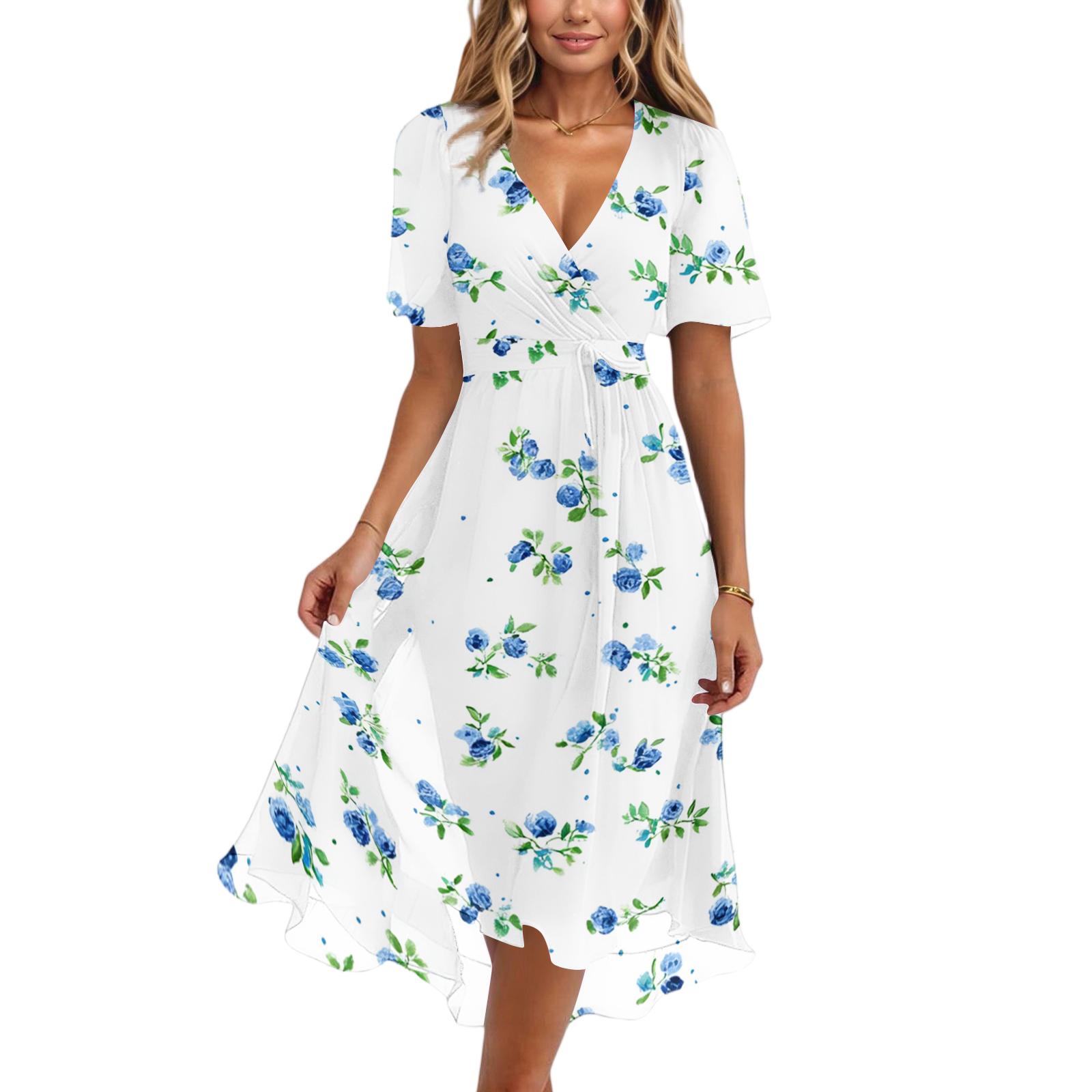 

Women s fashion casual V-neck short sleeve printed dress S