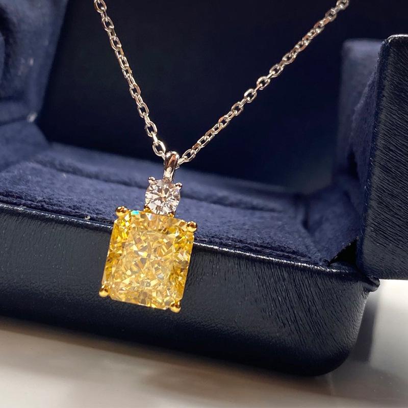 5 Carat Yellow Simulated Diamond Necklace for Women - S925 Silver Rectangle Pendant on Clavicle Chain