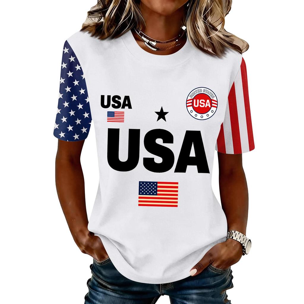 Blusa Feminina da Moda Casual de Manga Curta com Estampa e Gola Redonda