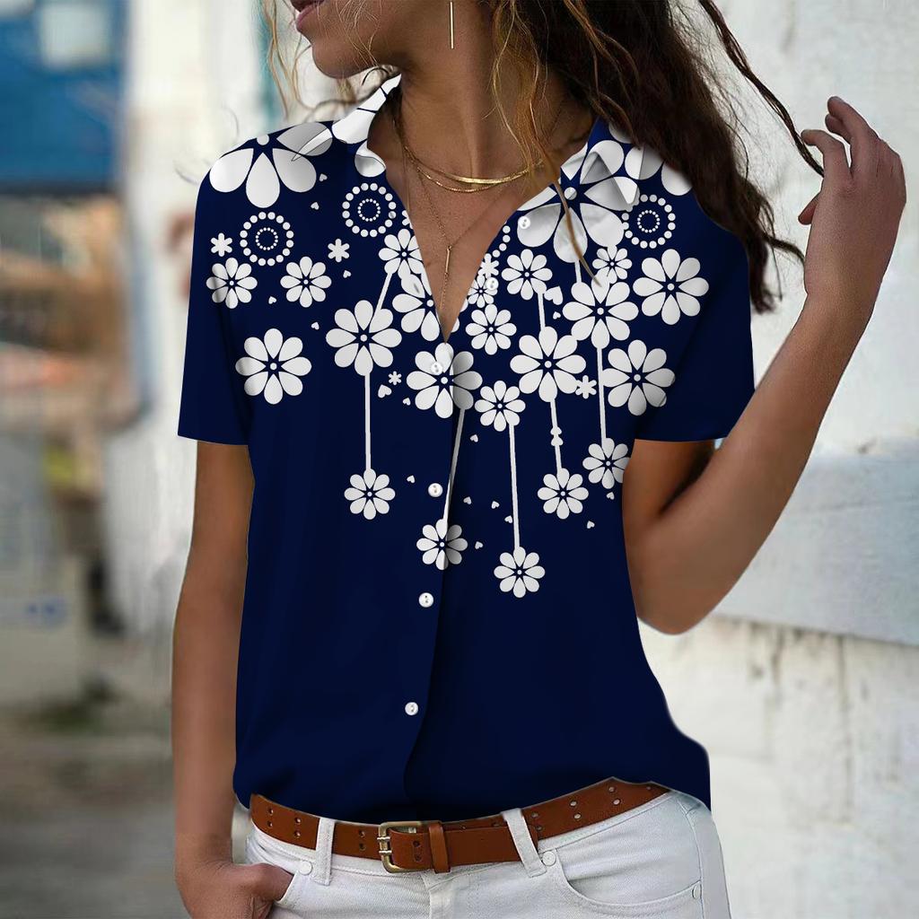 2025 Léto Nová Móda Dámská Květinová Krátký Rukáv Výstřih do V Ležérní Halenka s Knoflíky