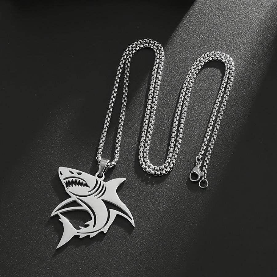 Unique Shark Hollow Pendant Necklace with Stainless Steel Cuban Chain, a Stylish Streetwear Piece for Men