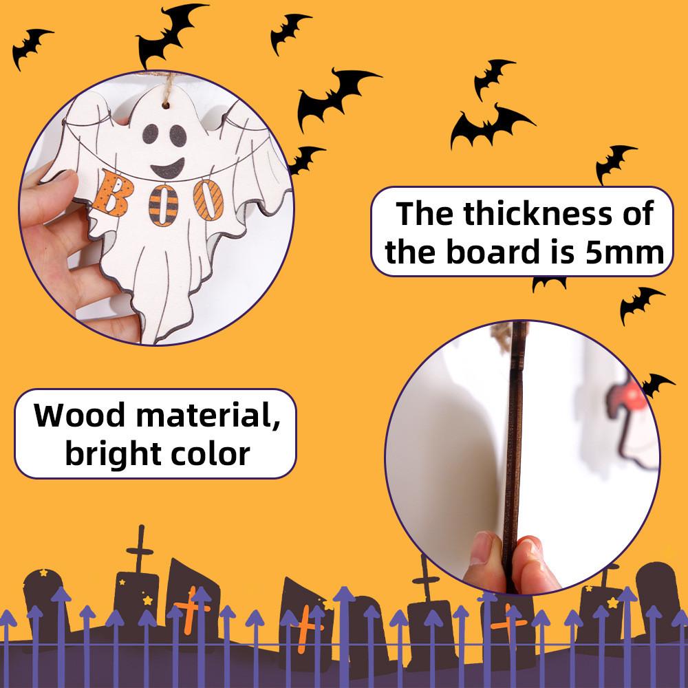 Themed Delightful Halloween Wooden Hanging Flag Decor With Ghosts Pumpkins And