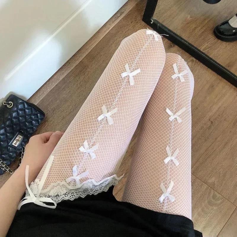 

Women Stockings Pantyhose Hollow Out Transparent Slim Fishnet Pantyhose with Bow-knot One Size