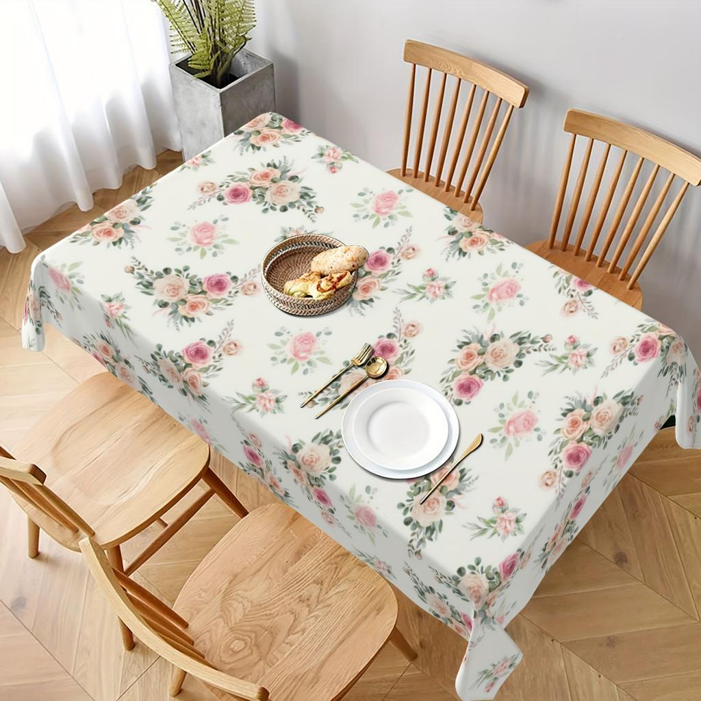 1pc Dish Cloth Polyester Tablecloth Pink Vintage Beautiful Rose Flower Party Table Tablecloth, Spring Summer Floral Table Cover
