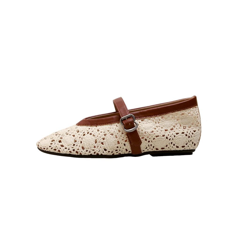 Grape mother's new romantic hollowed-out crochet splicing versatile shallow mouth one-word belt Mary Jane women's summer flat-soled single shoes