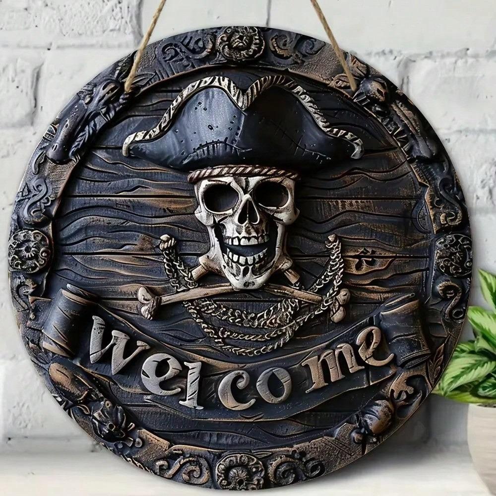 Metal Wall Art Pirate Skull Welcome Sign Home Decor Halloween Gift