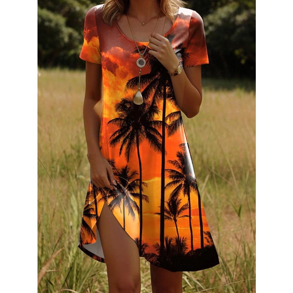 Women's Fashion Coconut Tree Pattern Print Summer Spring Short Sleeve O-Neck Casual Dresses