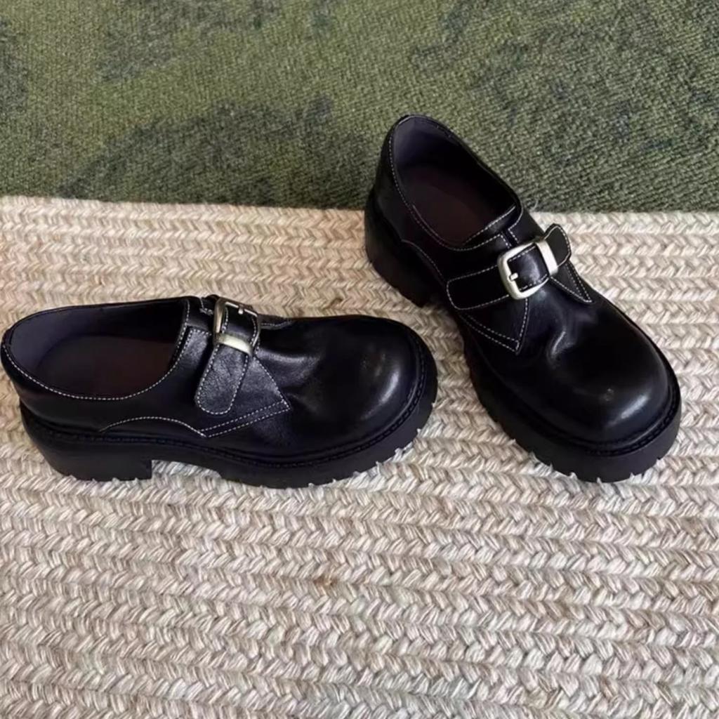 Cowhide version~ genuine leather thick-soled thick-heeled small leather shoes for women's spring and autumn new belt buckle loafers British versati