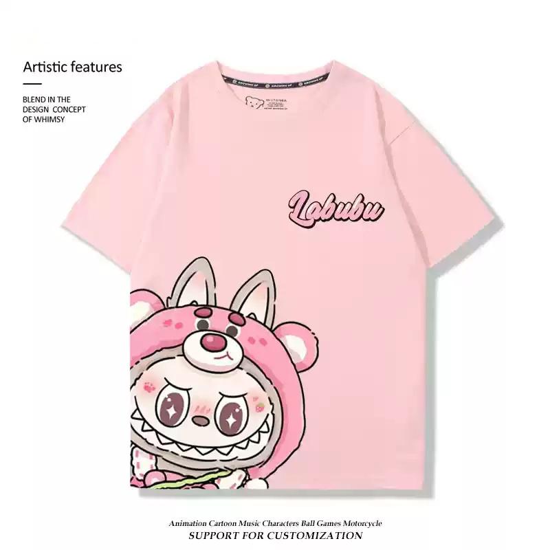 Labubu pink printed T-shirt anime short-sleeved top unisex fashion casual