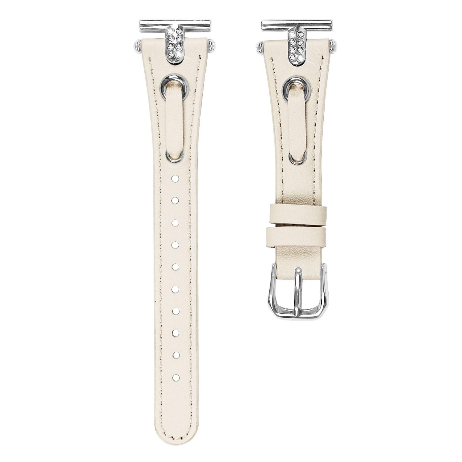 

For GarminMove 3/Vivomove 3 Watchband Genuine Cow Leather T-belt Strap (Silver Connector) Apricot