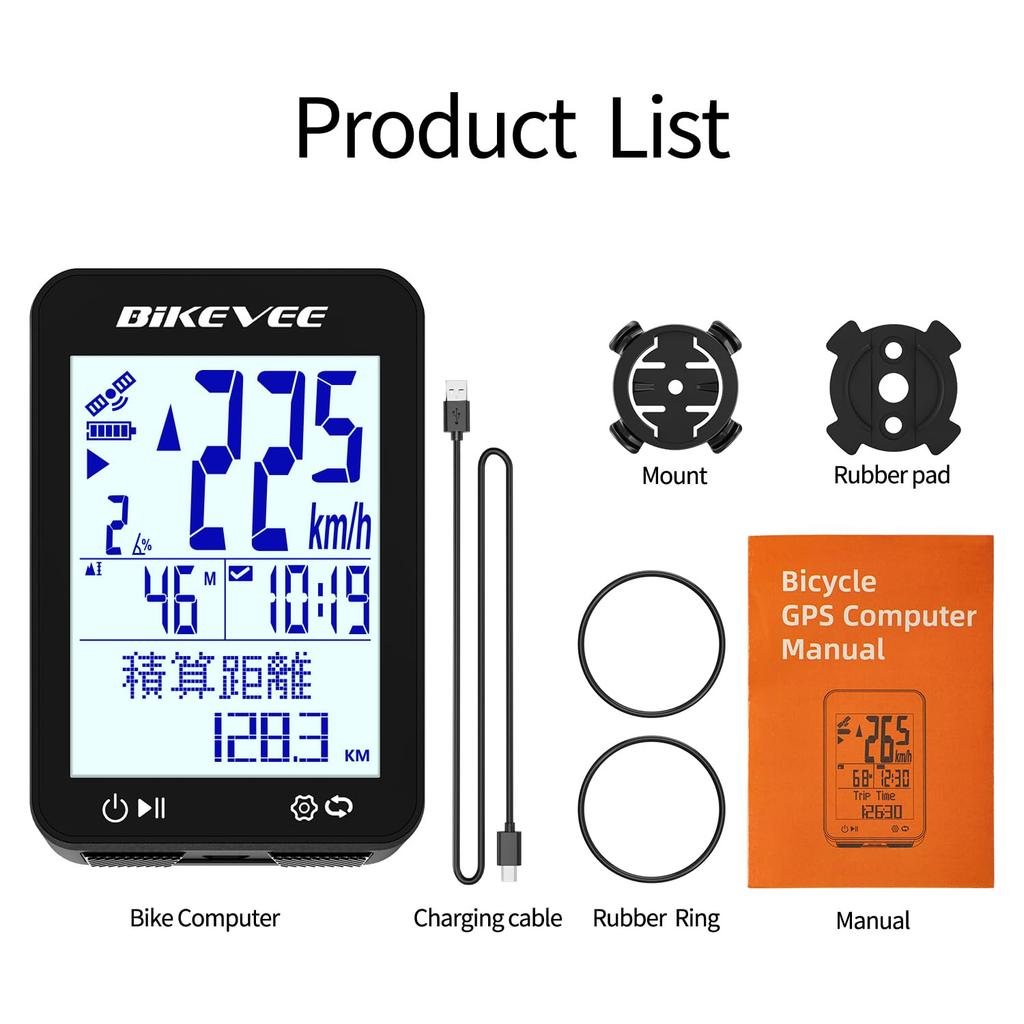 Bikevee GPS Wireless Bicycle Speedometer Cycle Computer with Automatic Start/Stop, Automatic Backlight, Waterproof, Odometer (MPH/KM/H), 2.4-inch FSTN